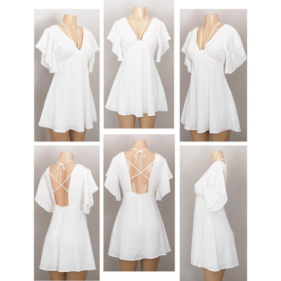 White Plunging V Neck Strappy Skater Mini Dress - Picture 7 of 8